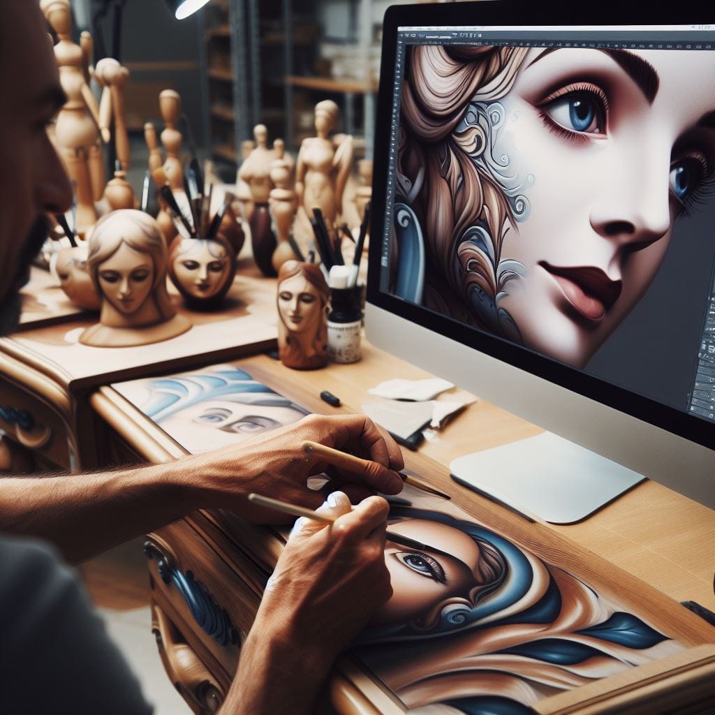 An artist sitting at a desk, painting with an iMac computer loaded with Bing and DALL·E 3 to inspire his work.
