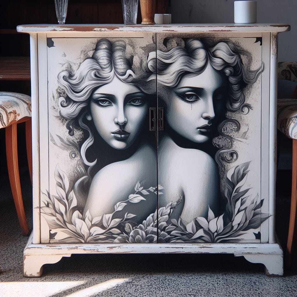 White chippy cupboard featuring two hand-painted female faces, aimed to inspire furniture painters.