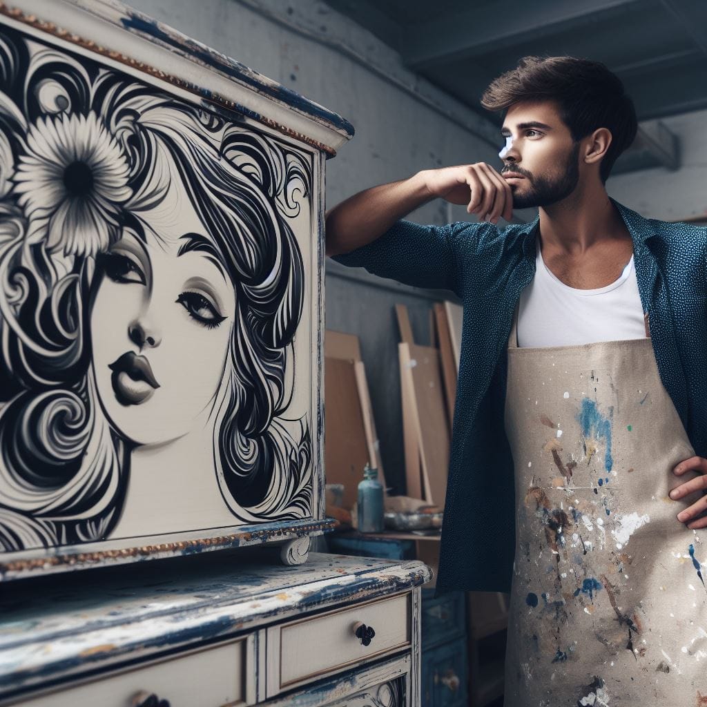 A furniture artist standing, looking at his painted furniture inspired by AI art in his studio.