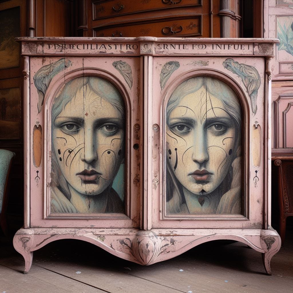 Chippy old pink cupboard adorned with two hand-painted female faces, serving as inspiration for furniture painters.