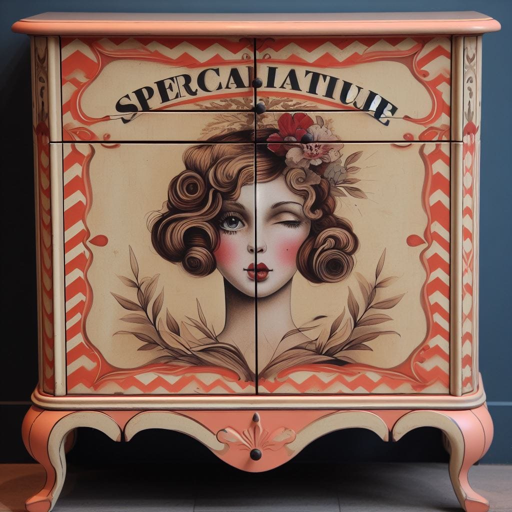 Orange and muted cream chippy vintage-style cupboard with bow legs, featuring a quirky female face winking and adorned with vintage-styled hair and makeup.
