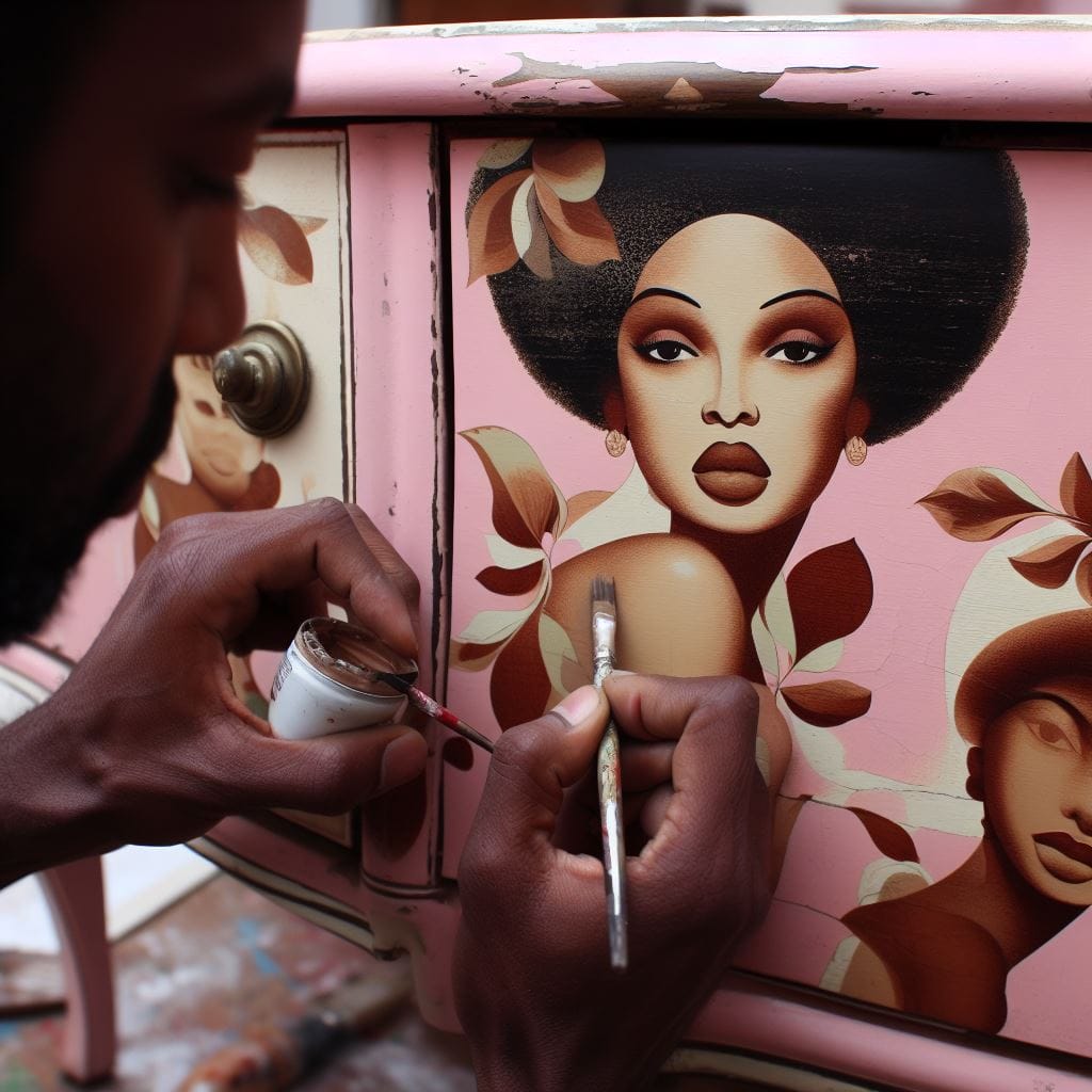 Close-up of artist's hand painting a portrait of a woman with African features, an afro, and a flower in her hair on a pink chippy piece of furniture.