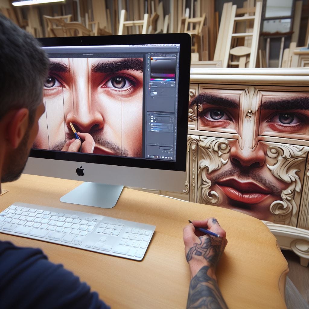 An artist sitting at a desk, painting with an iMac computer loaded with Bing and DALL·E 3 to inspire his face painting on furniture.