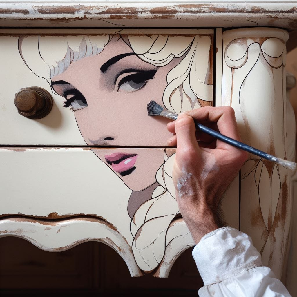 Cream-painted dressing table featuring a side-angle portrait of a pretty woman's face with eyelashes, as an artist's hand adds intricate details.