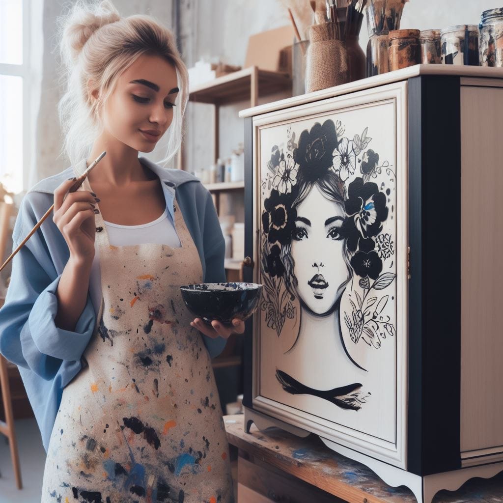 A female artist painting a face onto her furniture in her studio.