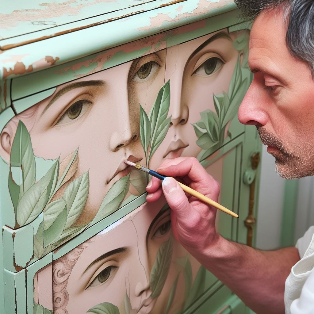 Pale green painted chest of drawers featuring a classical-style female face with flesh-colored skin, adorned with leaves, offering a glimpse of artistic inspiration.