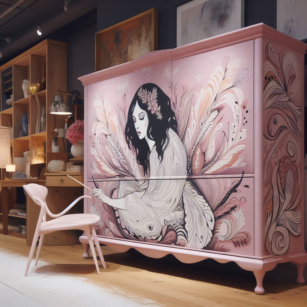 AI-generated image of a large cupboard with a 3D painted design featuring a girl whose paintbrush extends out of the furniture.