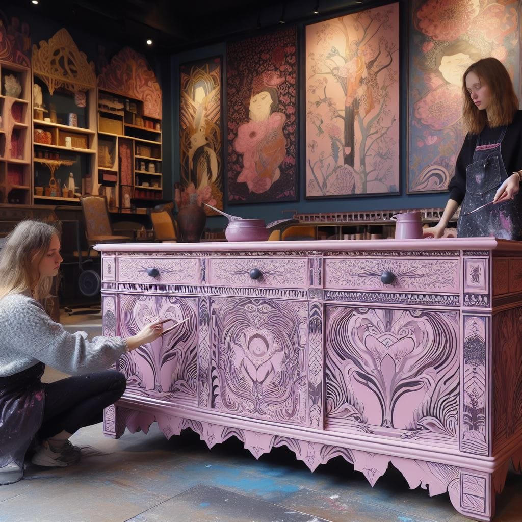 AI-generated image of a large sideboard painted with intricate pink and purple patterns.