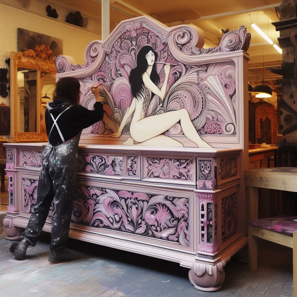 AI-generated image of a large dresser featuring an artist painting an intricate Art Deco-style nude woman in shades of pink and purple.