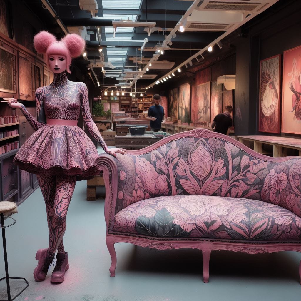 AI-generated image of a half-human, half-robot woman with pink design elements on her clothing, standing next to a sofa with matching pink designs.
