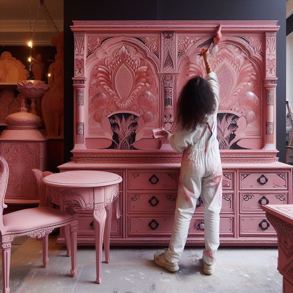 AI-generated image of a pink, large dresser, featuring delicate art designs with a woman artist applying the finishing touches.
