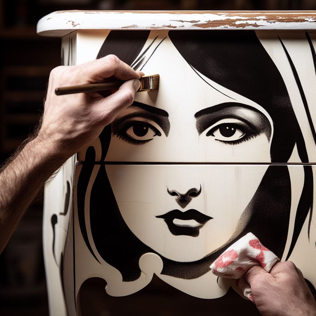 Cream and black painted small chest of drawers adorned with a vintage-looking face of a woman, designed to inspire furniture artists.