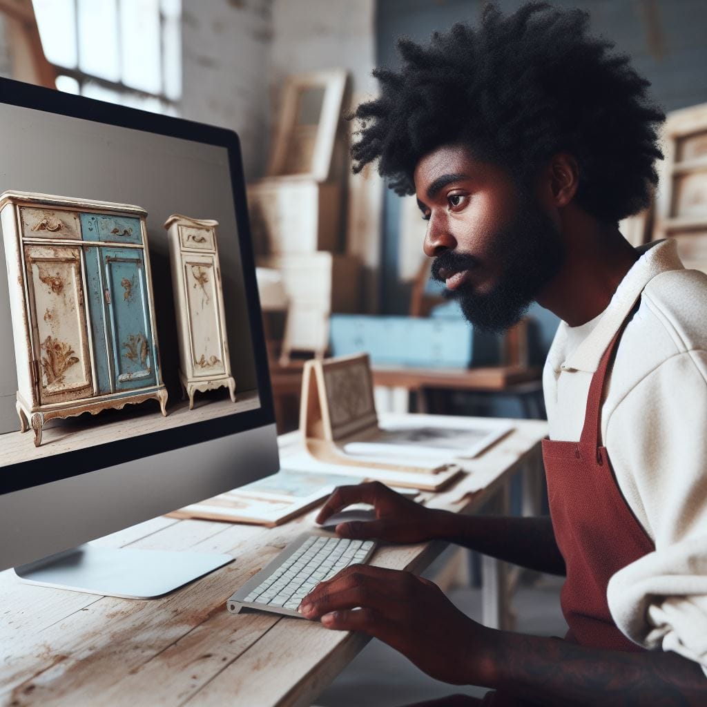 A black African furniture artist looking at AI designs on an iMac in his studio.