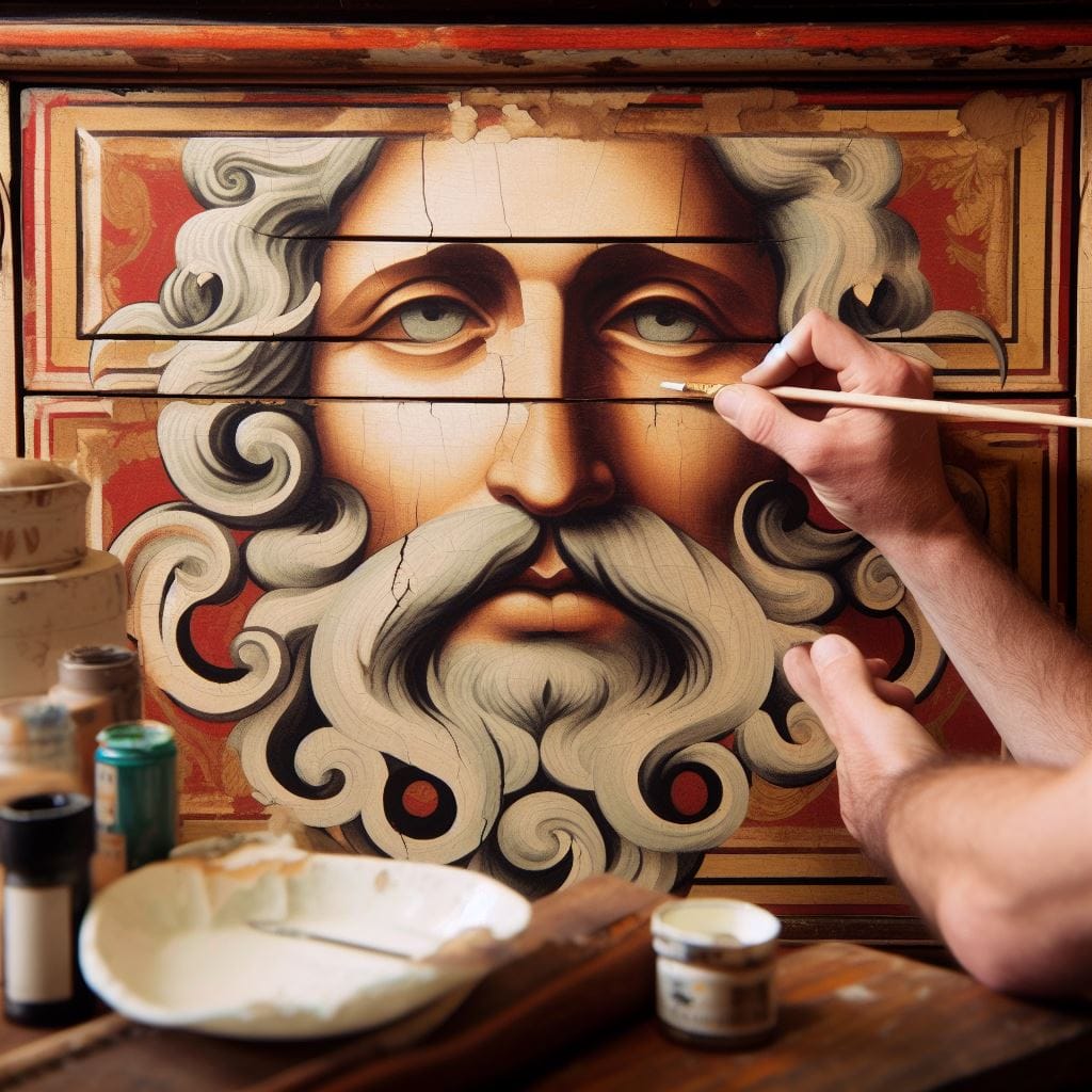 Hand-painted elaborate man's face with curly grey hair and beard, styled in the manner of Ancient Rome, to inspire furniture artistry.